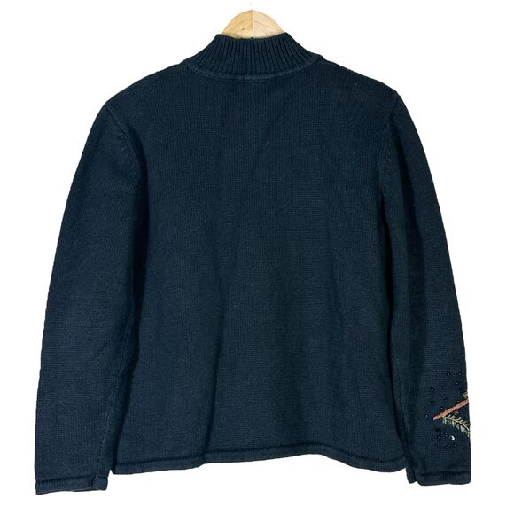 Tiara International Cardinal Bird Knit Jacket Womens M Black Zip Beaded Holiday - Picture 4 of 5
